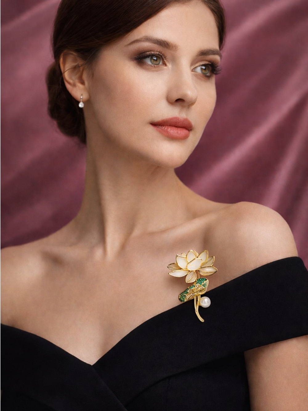 Golden Lotus Pearl Brooch – Elegant Floral Pin with Green Crystal Leaf